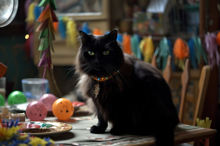 Beautiful black cat sitting on the table in front of easter eggsの素材