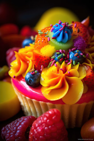 Cupcake decorated with fresh berries and whipped cream on dark backgroundの素材