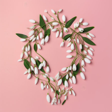 Flowers composition. Wreath made of snowdrops on pink background. Flat lay, top view, copy spaceの素材