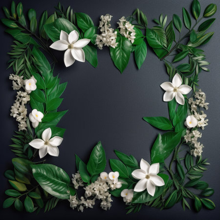 Wreath of green leaves and white flowers on a black background.の素材