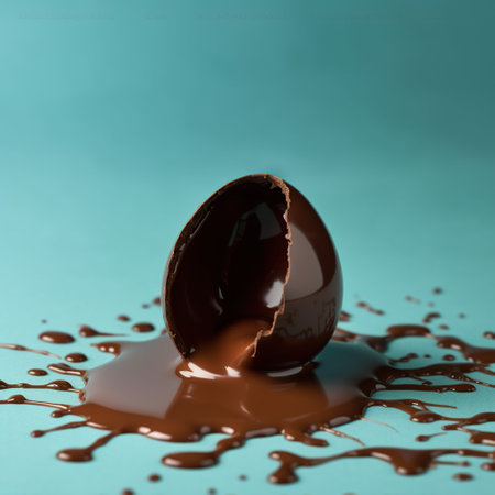 Chocolate egg with splashes of chocolate on a blue background.の素材