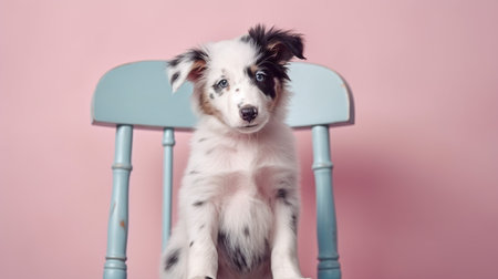 Portrait of a border collie puppy sitting on a chair on a pink backgroundの素材