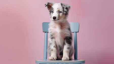 blue merle Australian shepherd puppy sits on a chair on a pink backgroundの素材