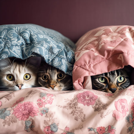 Cute three cats hiding under a blanket in bed at home.の素材