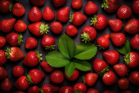 Fresh strawberries on black background. Top view, flat lay, copy spaceの素材