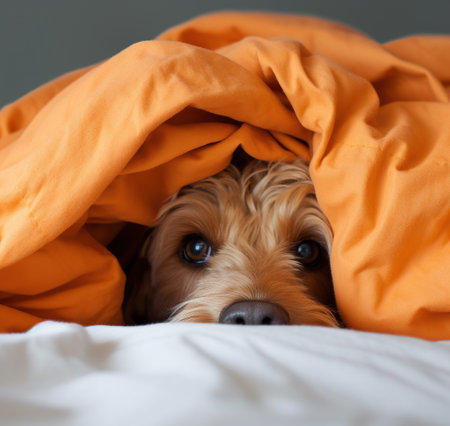Cute puppy yorkshire terrier hiding under orange blanket in bedの素材