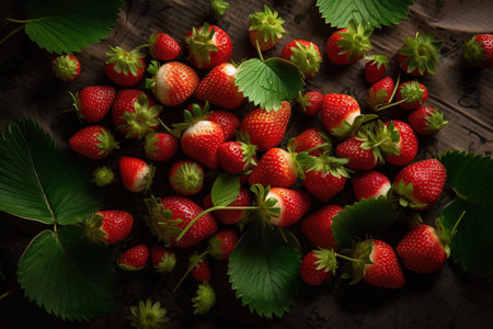 Strawberries and leaves on a wooden background. Top view.の素材