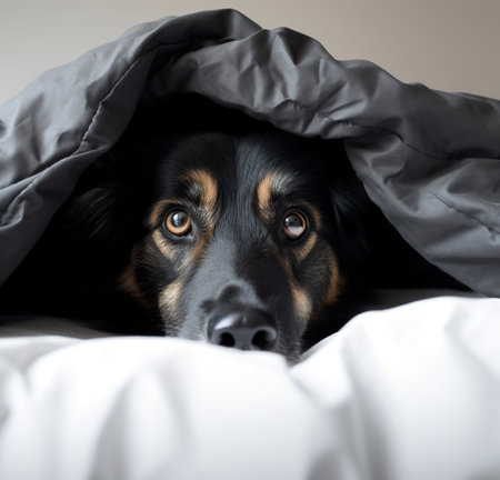 Portrait of a black dog under a blanket on a gray backgroundの素材