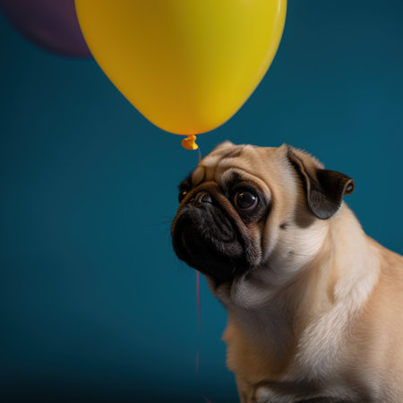 Pug dog with yellow and purple balloons on blue background. Studio shot.の素材