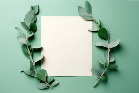 Frame of eucalyptus leaves with blank card on green backgroundの素材
