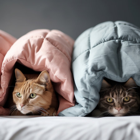 Two cats sleeping under a pillow in bed. Fluffy pet sleep in a bed.の素材