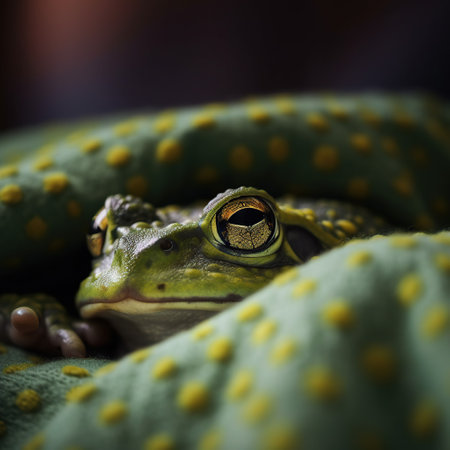 Green frog on a green pillow. Close-up. Selective focus.の素材