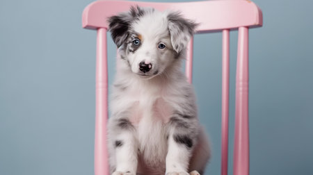Studio portrait of a border collie puppy sitting on a pink chair isolated on a blue backgroundの素材