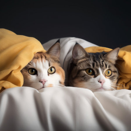 Two cats lying under a blanket in the bed. Selective focus.の素材