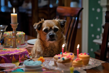 Dog on a birthday table with cakes and candles. Selective focus.の素材