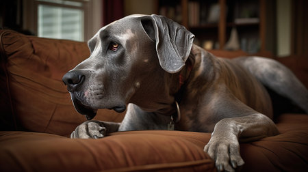 Portrait of a great Dane dog lying on a sofa at homeの素材