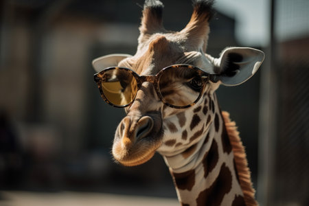 Portrait of giraffe wearing sunglasses and looking at the camera.の素材