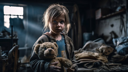 Little girl playing with a teddy bear in a dirty room.の素材
