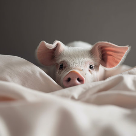 Cute little piglet lying on the bed in the morning.の素材