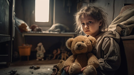 Sad little girl with teddy bear sitting in an abandoned house.の素材