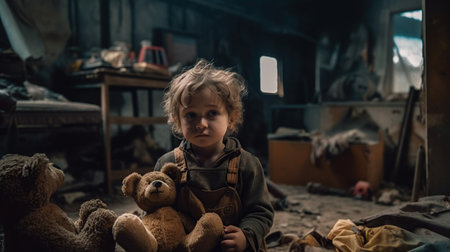 Cute little boy playing with teddy bear in abandoned factory.の素材