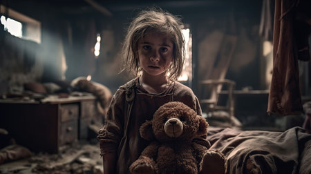Little girl with teddy bear sitting in the old room. Halloween concept.の素材