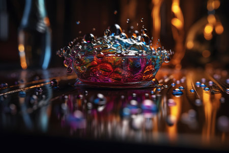 Colorful drops of water fall into a glass on a black backgroundの素材