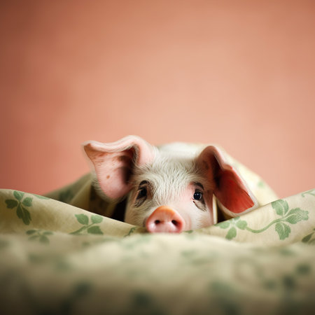 Cute little piglet lying on the bed and looking at cameraの素材