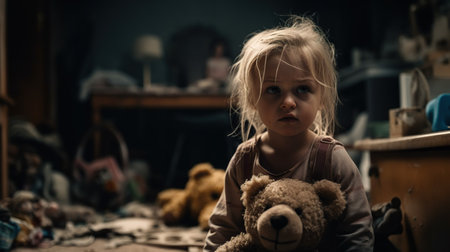 Sad little girl with teddy bear sitting in a messy room.の素材