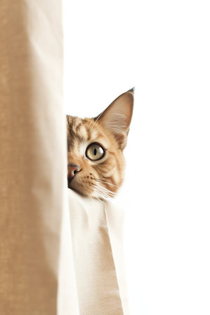 Siberian kitten peeking out from behind the curtain, isolated on white backgroundの素材