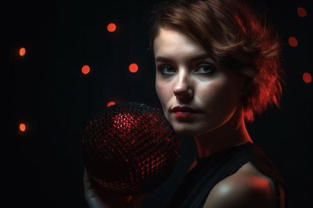 Portrait of a beautiful young woman with disco ball on black backgroundの素材
