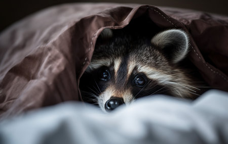 Cute raccoon hiding under a blanket on the bed at homeの素材