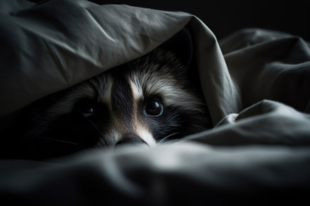 Cute tricolor cat hiding under the blanket in the darkの素材