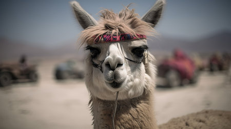 Llama in the desert. Vintage style.の素材