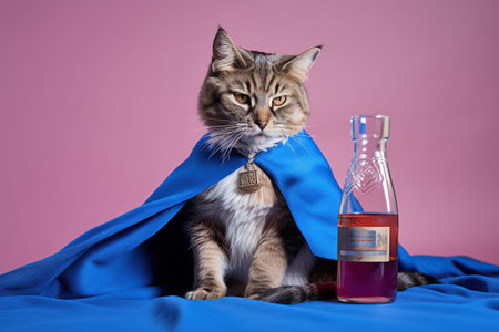 Cute Maine Coon cat wrapped in a blue blanket with a bottle of wine on a pink background.の素材