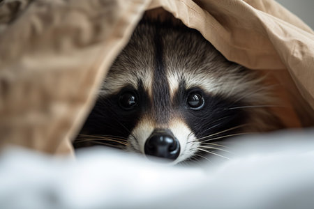 Cute little raccoon hiding under a blanket. Selective focus.の素材