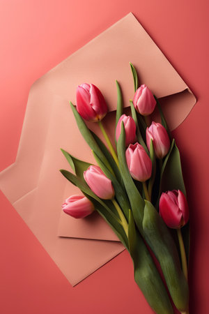 Bouquet of pink tulips and envelope on red background, top viewの素材