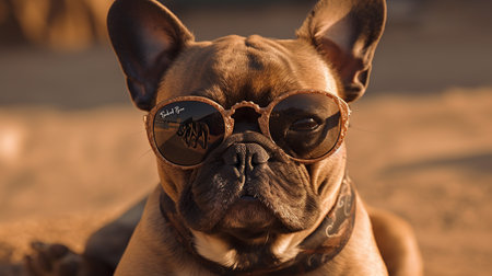 French bulldog wearing sunglasses on the beach. Closeup portrait.の素材