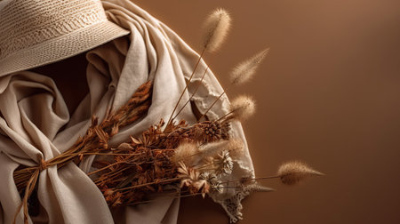 Bouquet of dried flowers, hat and scarf on brown backgroundの素材