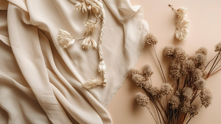 Beautiful dried flowers and fabric on beige background, top viewの素材