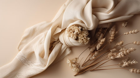 Beige fabric with dried flowers on beige background, top viewの素材
