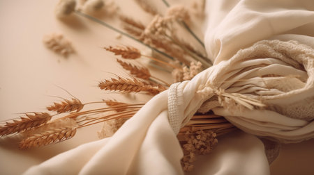 Spikelets of wheat and beige fabric on a light backgroundの素材