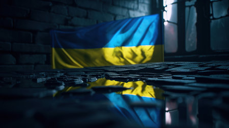 Waving flag of Ukraine on a dark brick wall background.の素材