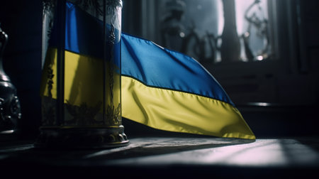 Waving flag of Ukraine on a dark background. Selective focus. Toned.の素材