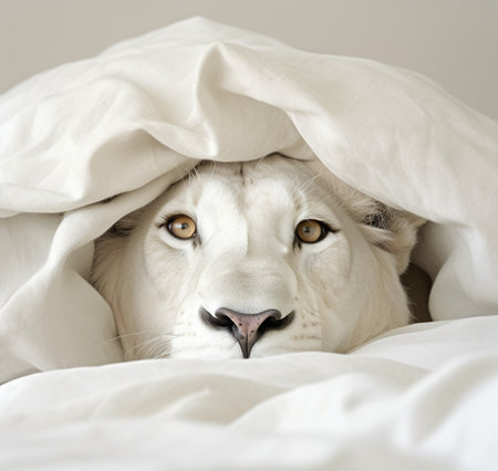 White lion lying under a duvet and looking at the camera.の素材