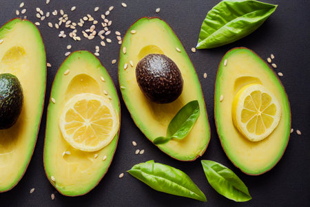 Avocado with lemon and seeds on black background. Top view. generative aiの素材