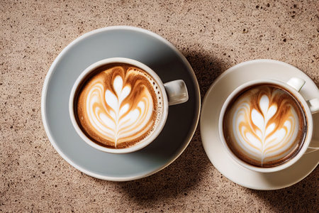 Two cups of coffee with latte art on the brown background. generative aiの素材