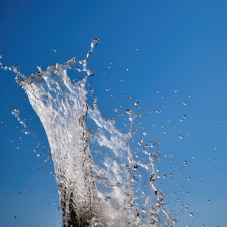 splashes of water on a background of blue sky, close-up. generative aiの素材