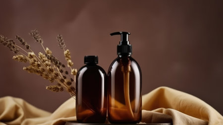 Two brown bottles of cosmetic products on a brown background with dried flowers. generative aiの素材