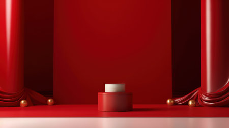 Red podium for product presentation with red curtains and pearls. generative aiの素材